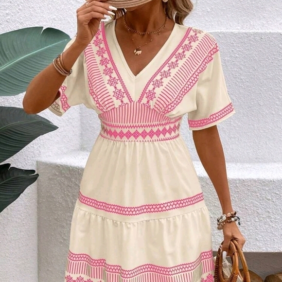 Women's Color-Blocking Printed V-Neck Simple Daily Dress - Picture 5 of 5